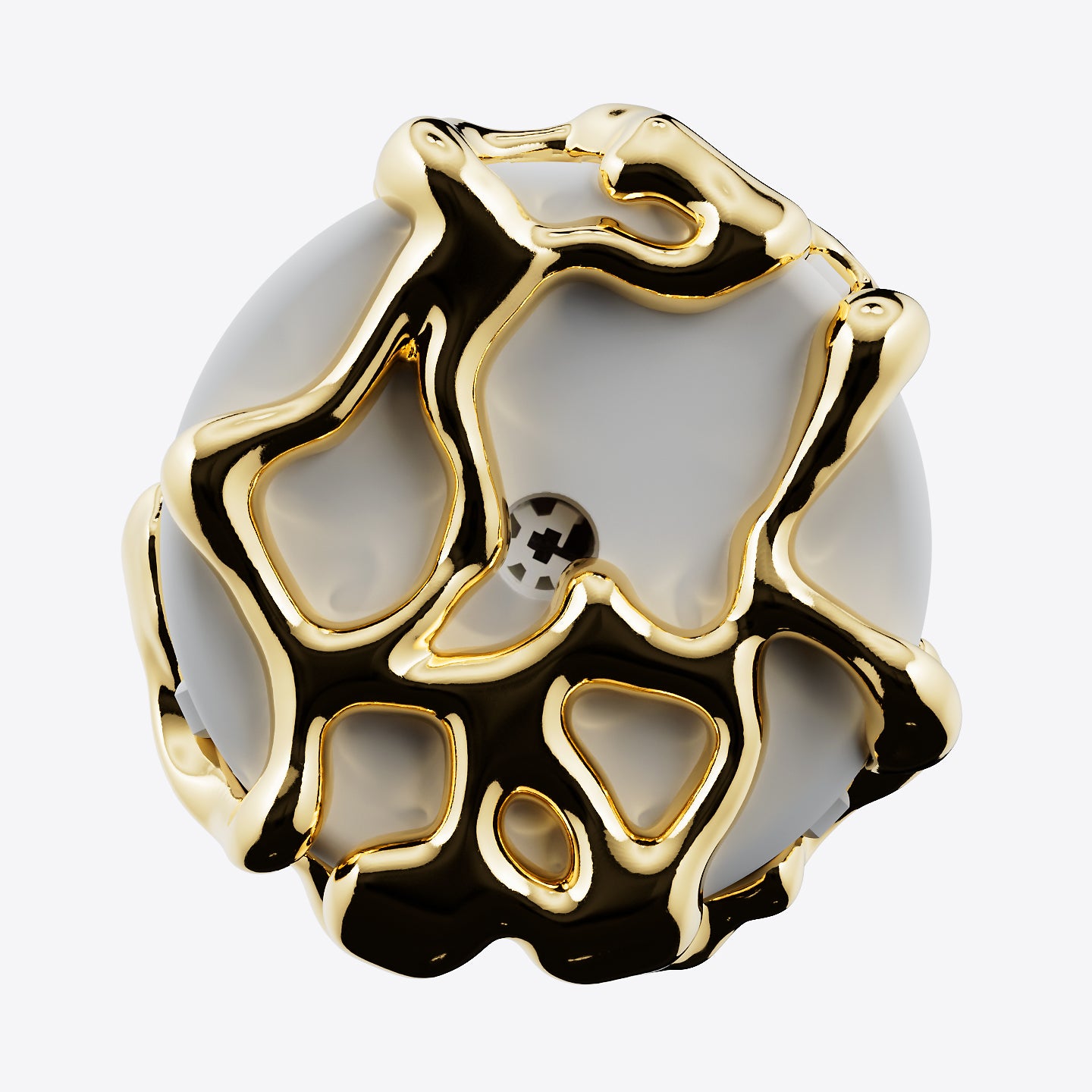 An abstract sculptural jewelry piece featuring a glossy white resin orb encased in a fluid, organic gold metal frame, photographed against a clean white background.