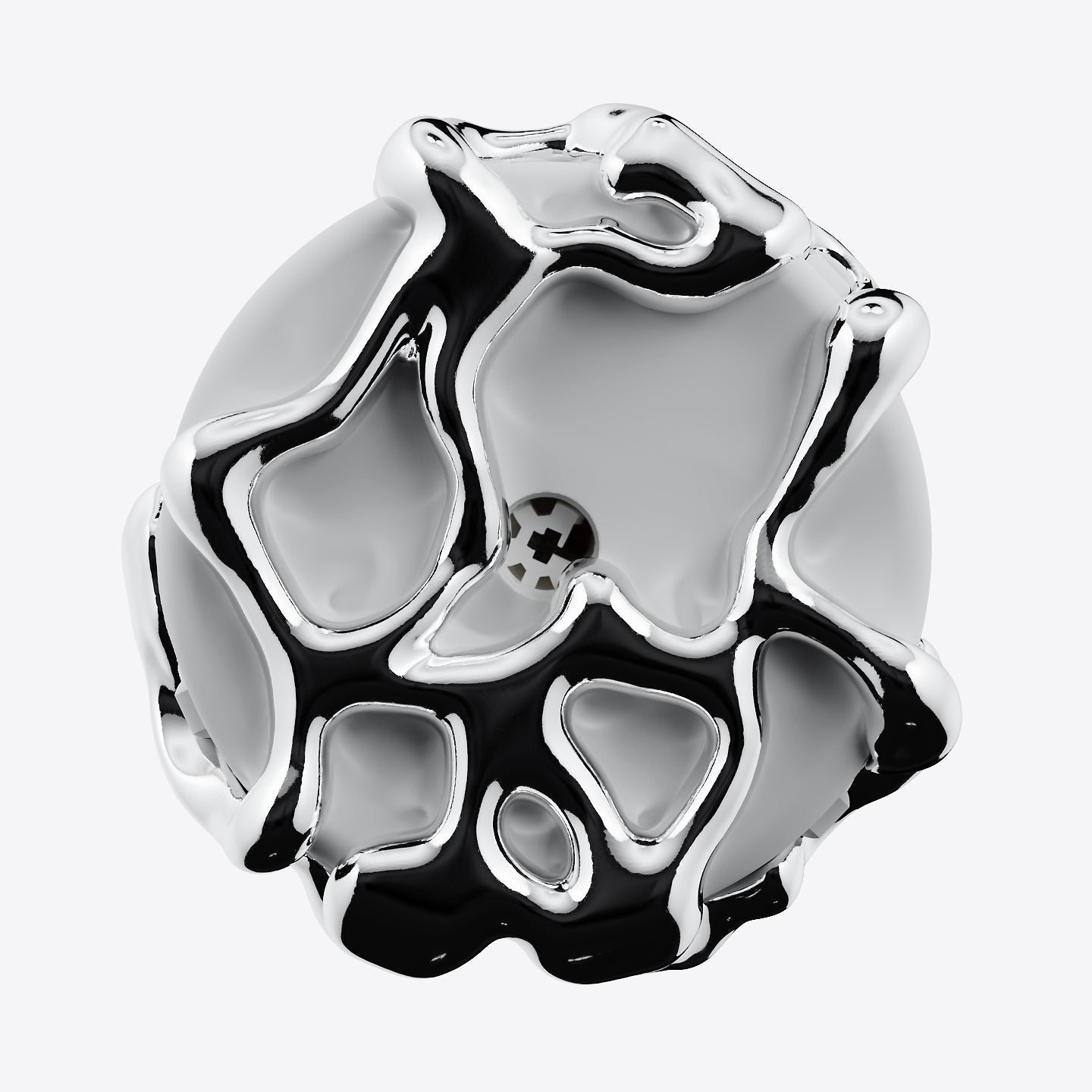A highly polished, abstract sculptural jewelry piece with a glossy silver finish and black recessed details, shown on a clean white background.